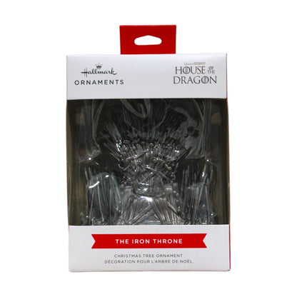 Hallmark House of the Dragon Iron Throne Christmas tree ornament with silver-tone sword details in its window display box.
