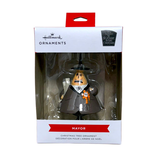 Hallmark Mayor Christmas tree ornament from The Nightmare Before Christmas, showing his grinning face, top hat and orange badge in the box
