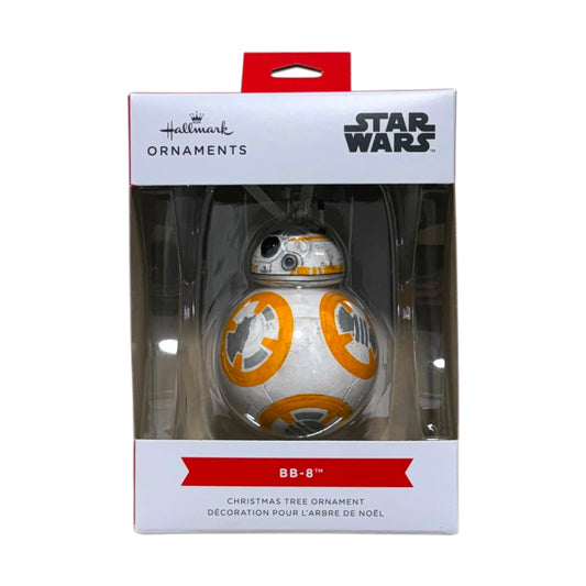 Hallmark Star Wars BB-8 Christmas tree ornament with white, orange and grey droid details in its window display box.