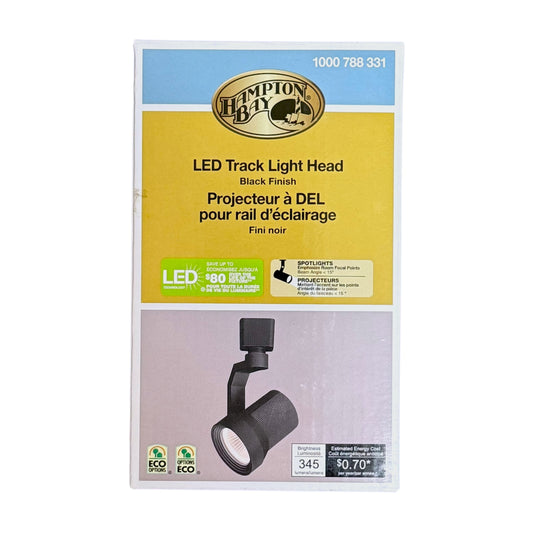 Front packaging of the Hampton Bay 17914D-BK black LED track light head, showing 345-lumen output.