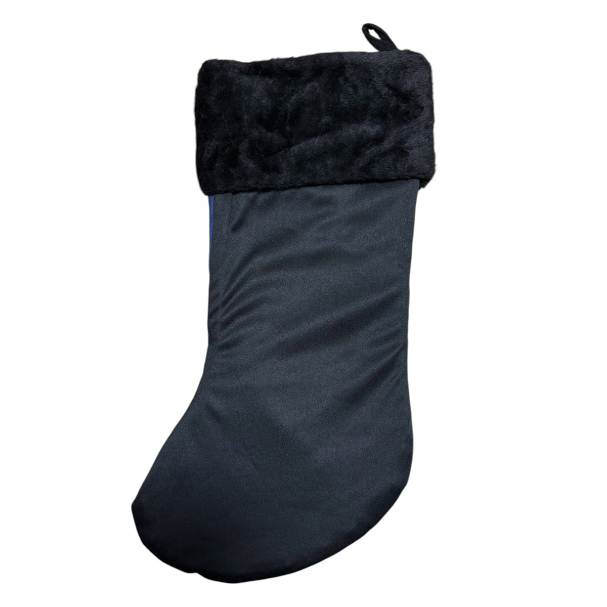 Back of Harry Potter Hogwarts Christmas stocking showing plain black fabric, black plush cuff and hanging loop
