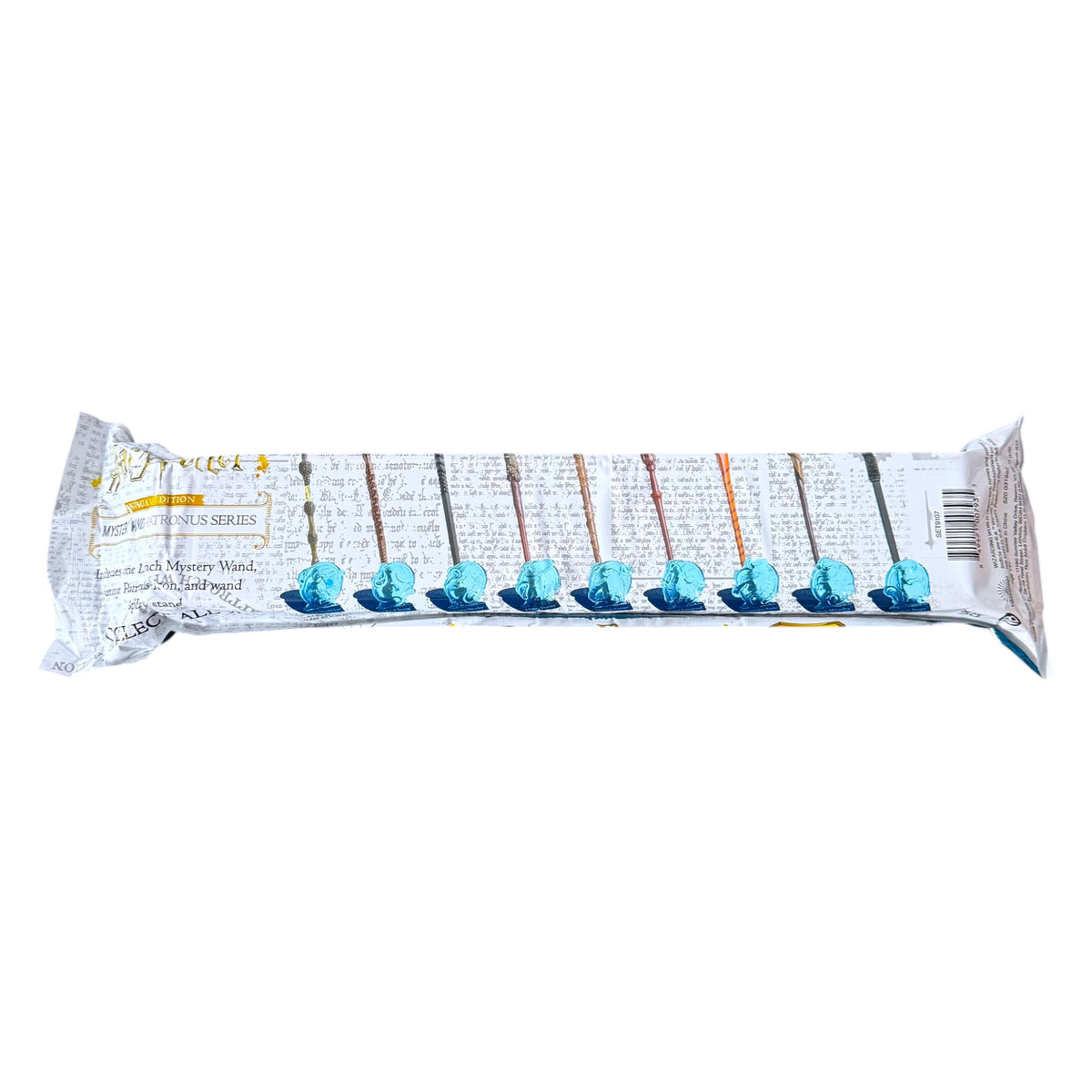 A Harry Potter Wizarding World collectible wand from the Patronus Series, shown in its original printed packaging against a plain white background.