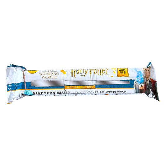 A Harry Potter Wizarding World collectible wand from the Patronus Series, shown in its original printed packaging against a plain white background.