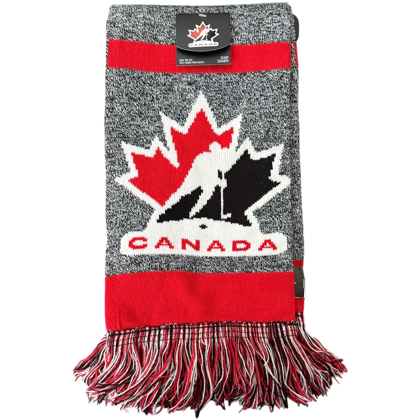 Gray scarf with red and white accents featuring a maple leaf and hockey player design, labeled 'Canada'.