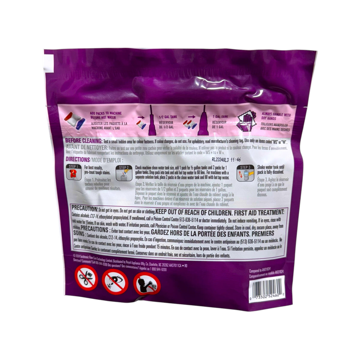 Back of Hoover Pet Carpet Clean Packs pouch showing dosing instructions, handling precautions and UPC 073502524602.