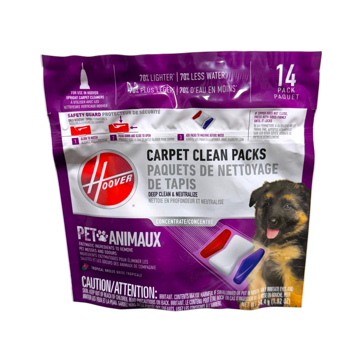Hoover Pet Carpet Clean Packs 14-pack in Tropical Breeze scent, with purple packaging for Hoover upright carpet cleaners.