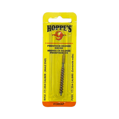 Hoppe's No. 9 1302AP phosphor bronze bore brush for .17/.204 calibre rifles in yellow retail packaging.