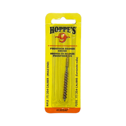 Hoppe's No. 9 1302AP phosphor bronze bore brush for .17/.204 calibre rifles in yellow retail packaging.