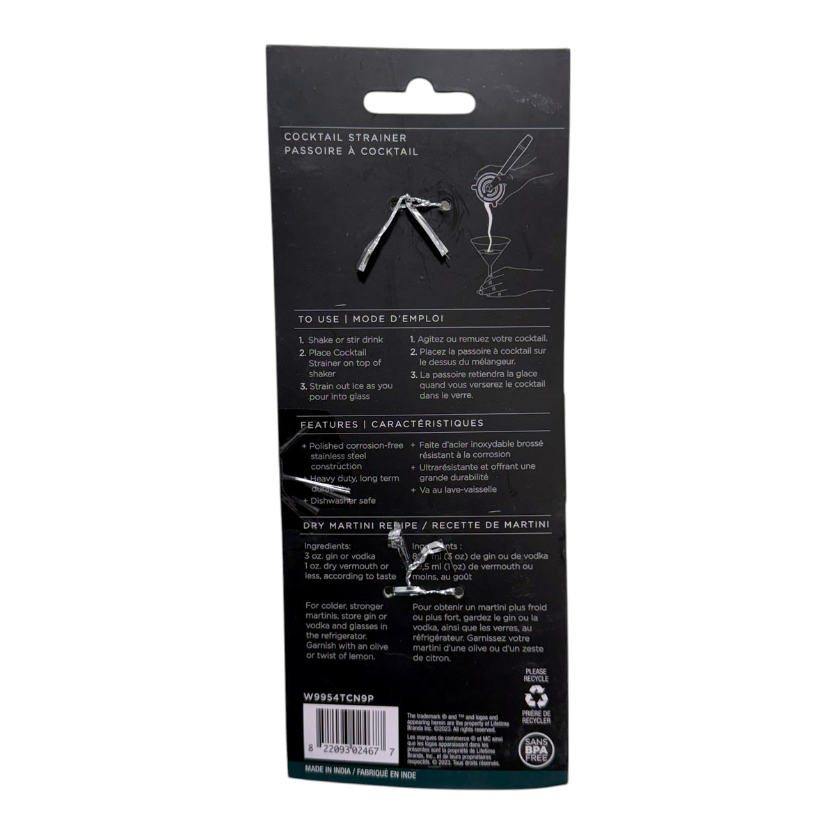 Back of Houdini cocktail strainer packaging showing use instructions, stainless steel features, dishwasher-safe care and UPC 822093024677.