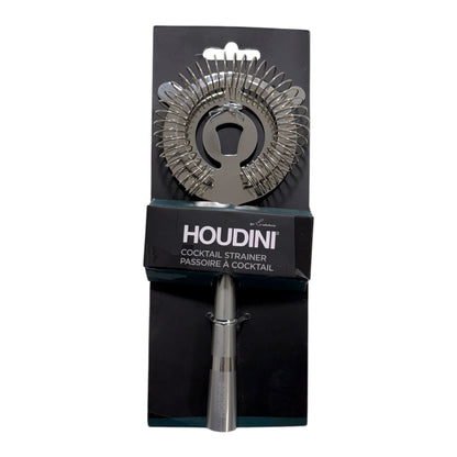 Houdini by Rabbit stainless steel cocktail strainer with a coiled spring and long handle in retail packaging.