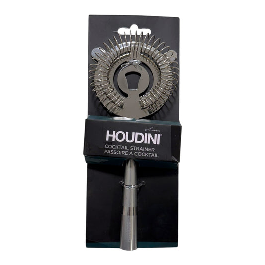 Houdini by Rabbit stainless steel cocktail strainer with a coiled spring and long handle in retail packaging.