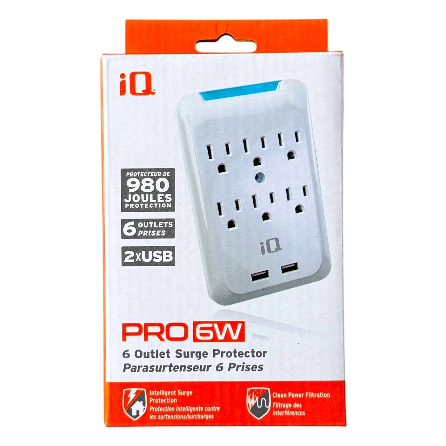 iQ Pro6W 6 Outlet Surge Protector in its retail packaging, featuring a white and orange box with a graphic of the white surge protector on the front.