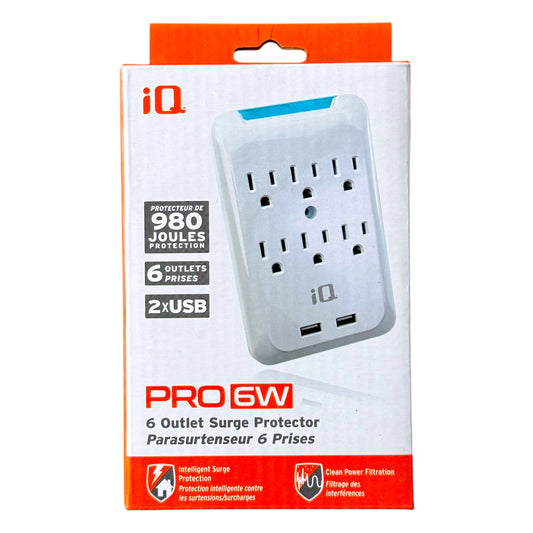 iQ Pro6W 6 Outlet Surge Protector in its retail packaging, featuring a white and orange box with a graphic of the white surge protector on the front.