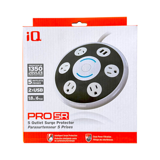 Box packaging for an iQ PRO5R 5 Outlet Surge Protector, showing a photo of the black and white surge protector on a white box with red accents.