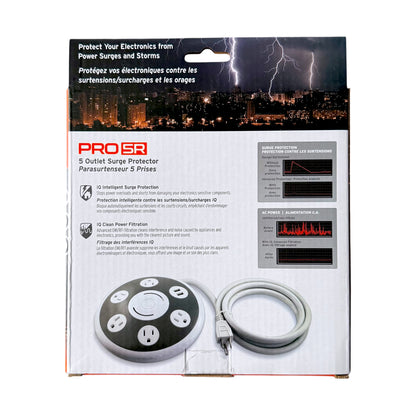 5 Outlet Surge Protector in its retail packaging, featuring a gray surge protector and coiled cord on a white background with a black storm graphic at the top.