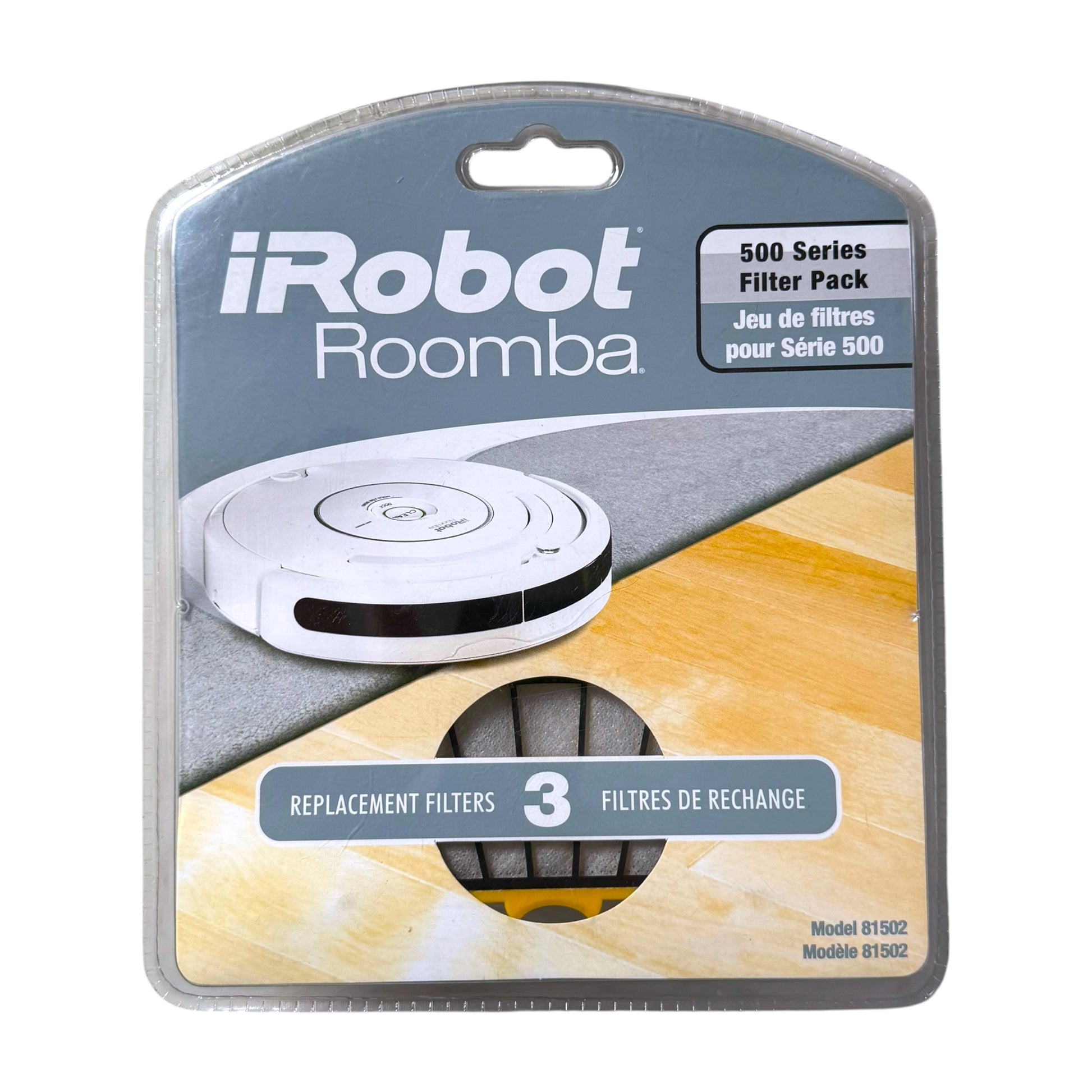 a retail package of iRobot Roomba 500 Series 3-Pack Filters shown on a white background