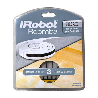 a retail package of iRobot Roomba 500 Series 3-Pack Filters shown on a white background