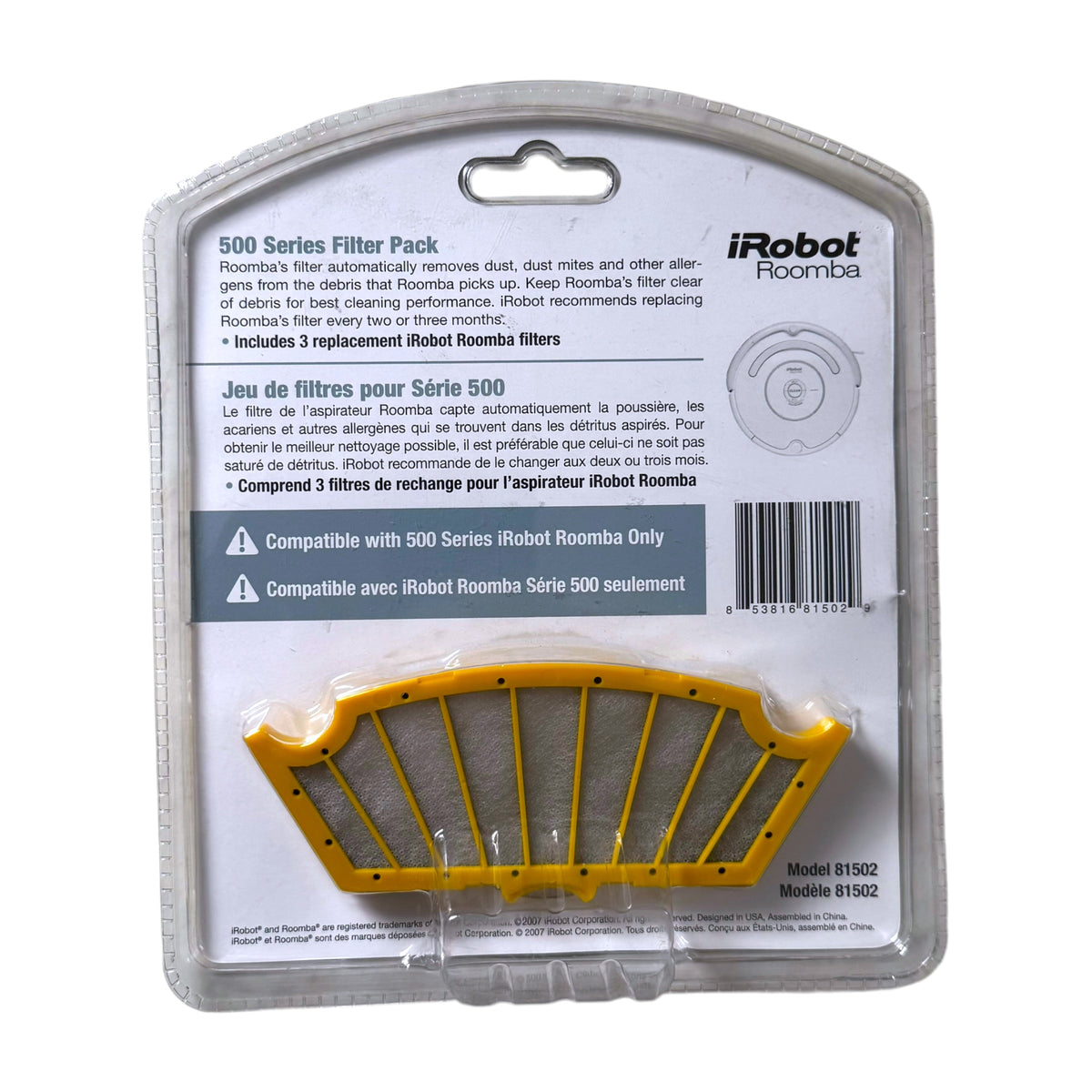 a retail package of iRobot Roomba 500 Series 3-Pack Filters shown on a white background