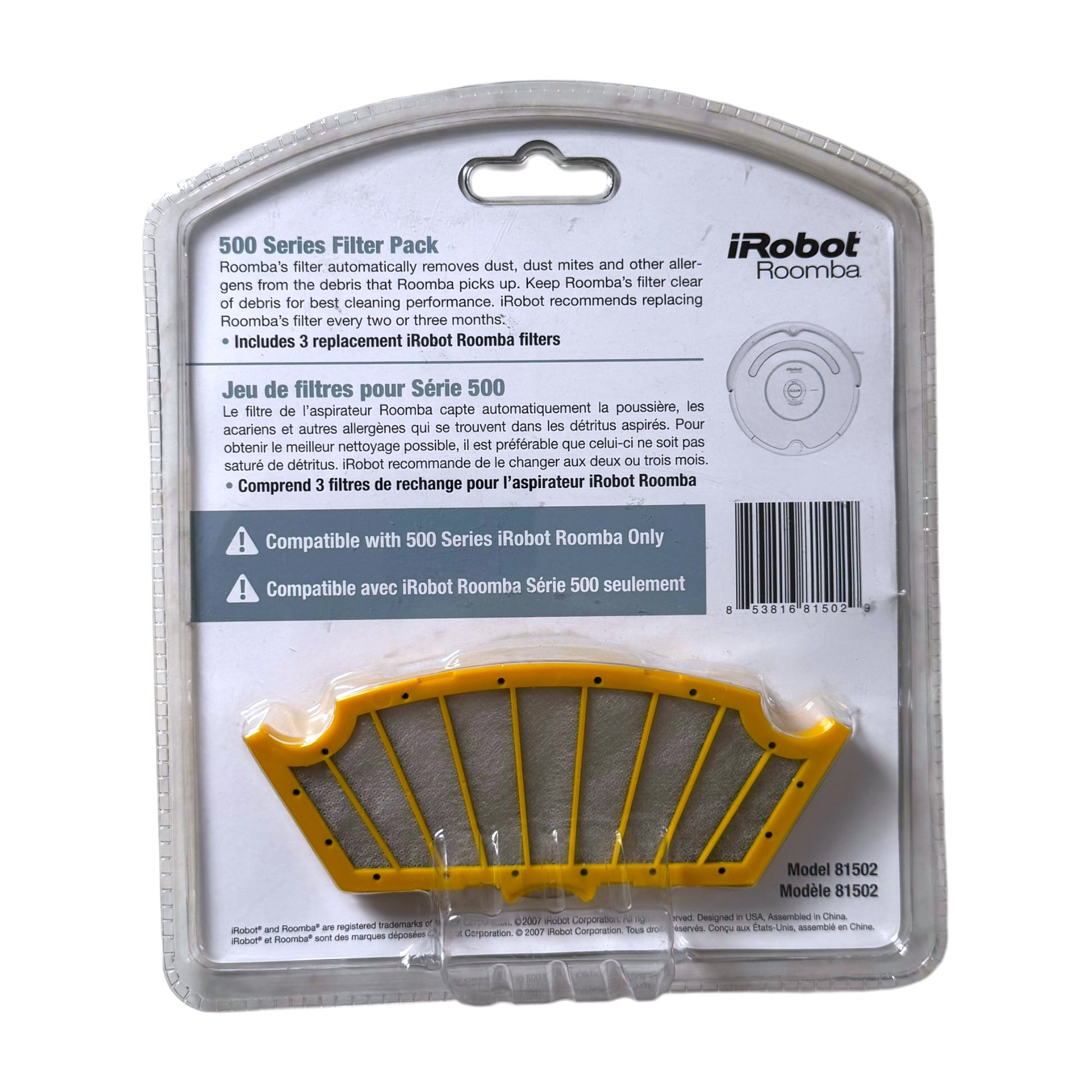 a retail package of iRobot Roomba 500 Series 3-Pack Filters shown on a white background