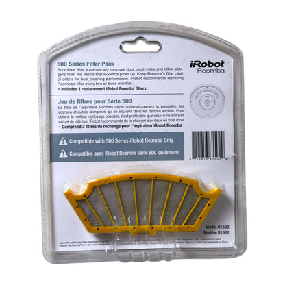 a retail package of iRobot Roomba 500 Series 3-Pack Filters shown on a white background