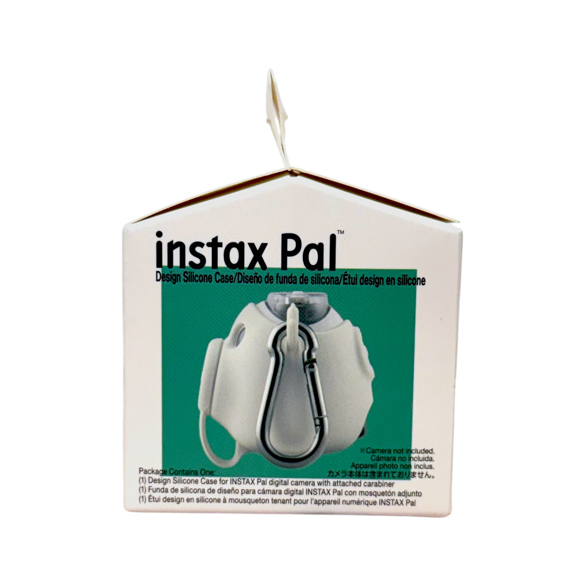 instax Pal Milky White silicone case packaging showing attached carabiner and package contents