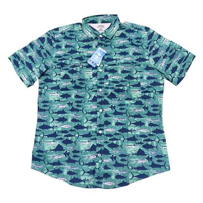izod mens fish print short sleeve button up shirt front front view