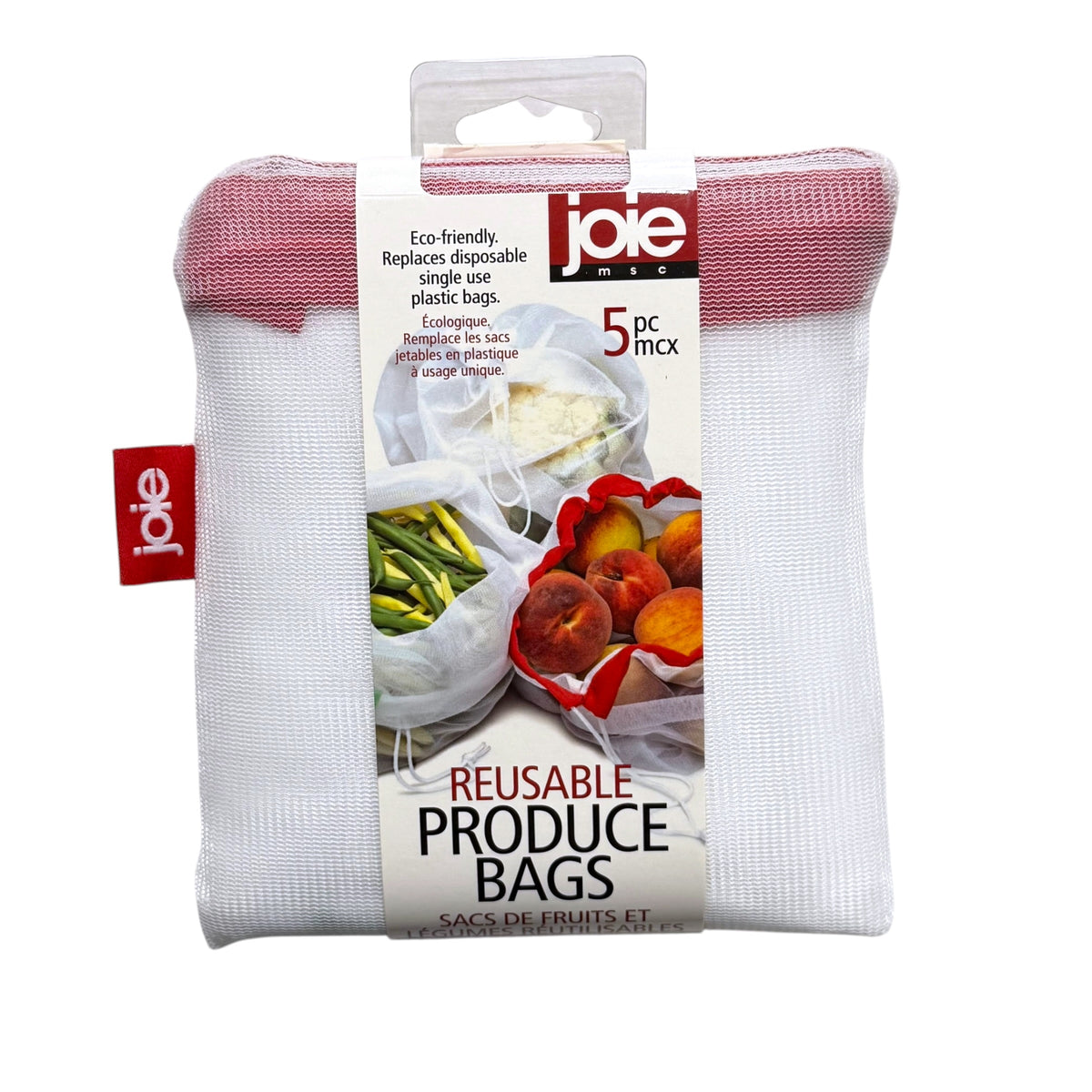 Joie five-pack of white reusable mesh produce bags with red trim in retail packaging, front view