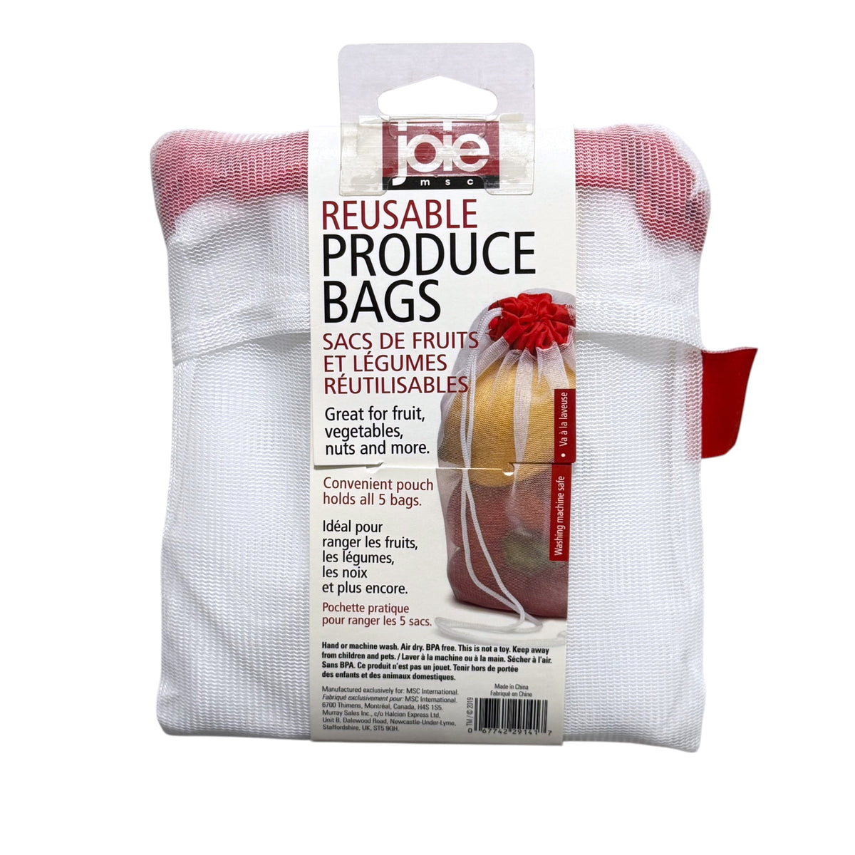 Back of Joie reusable produce bags packaging showing the storage pouch, drawstring bag and washing instructions