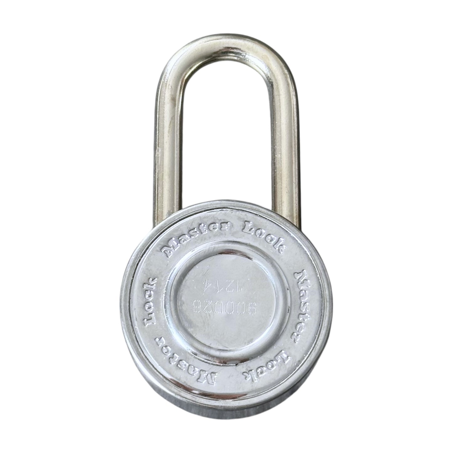 A silver metal padlock with a round body and U-shaped shackle, shown against a plain white background. The front of the lock features a circular plate with embossed text 'Master Lock'.