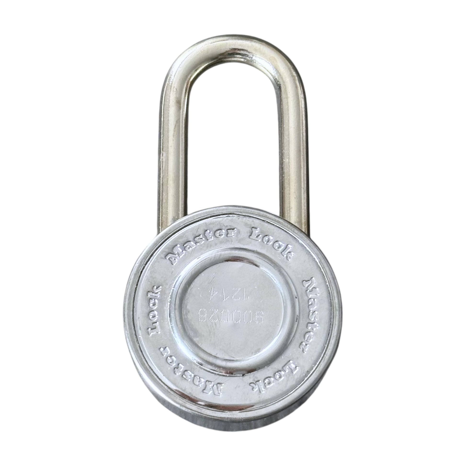 A silver metal padlock with a round body and U-shaped shackle, shown against a plain white background. The front of the lock features a circular plate with embossed text 'Master Lock'.
