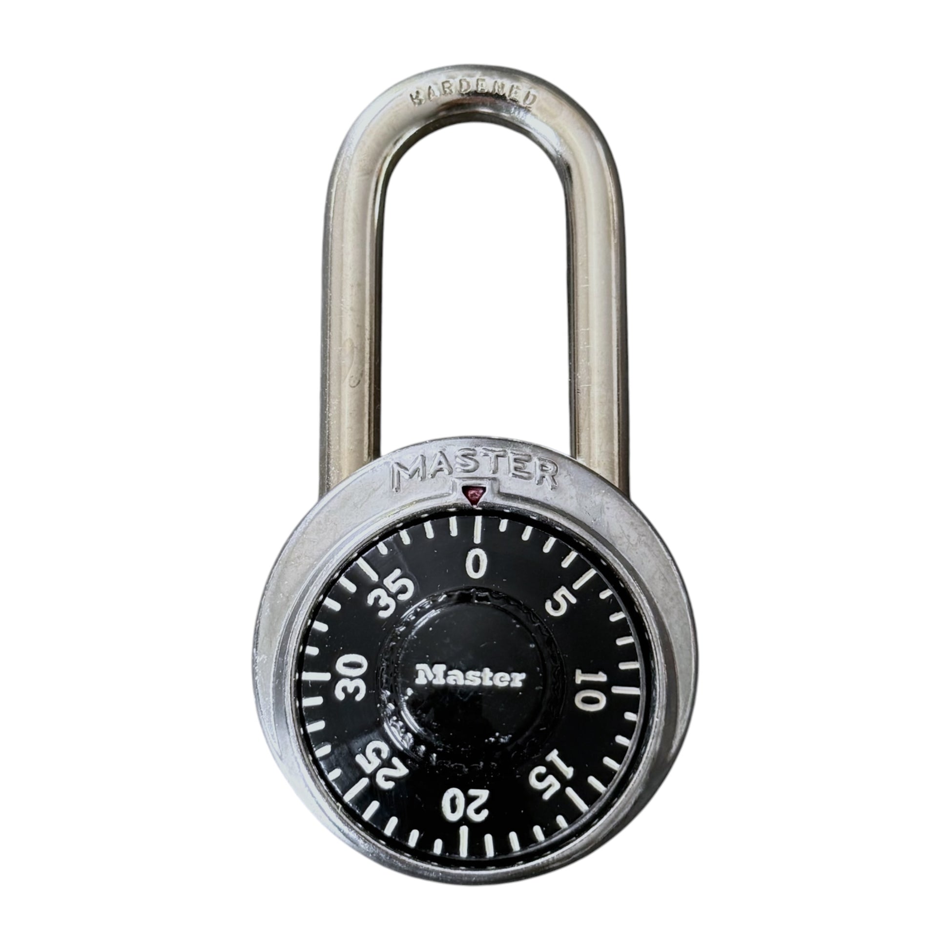 A Master brand combination lock with a silver metal shackle and body, featuring a black dial face with white numbers and markings.