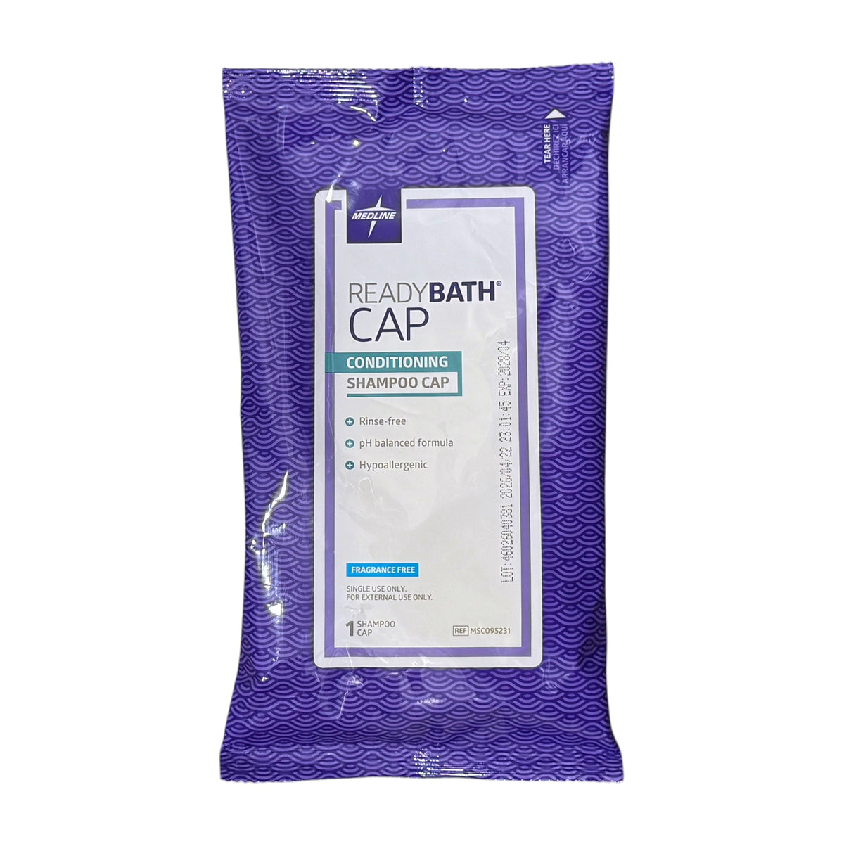 Medline ReadyBath fragrance-free conditioning shampoo cap, single-use pack with April 2028 expiry