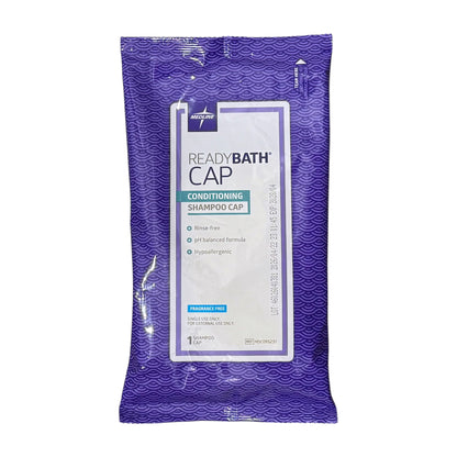 Medline ReadyBath fragrance-free conditioning shampoo cap, single-use pack with April 2028 expiry