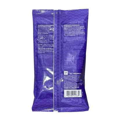 Back of Medline ReadyBath shampoo cap package showing ingredients, directions and model MSC095231