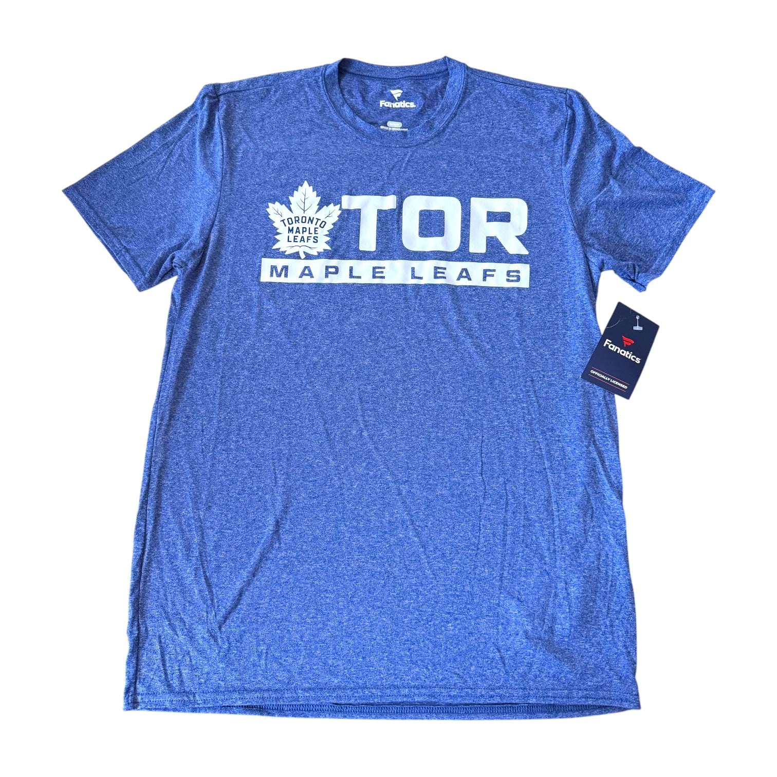 A heather blue short-sleeve T-shirt with a white 'TOR MAPLE LEAFS' graphic and maple leaf logo on the chest, shown flat on a white background with a retail hangtag attached.