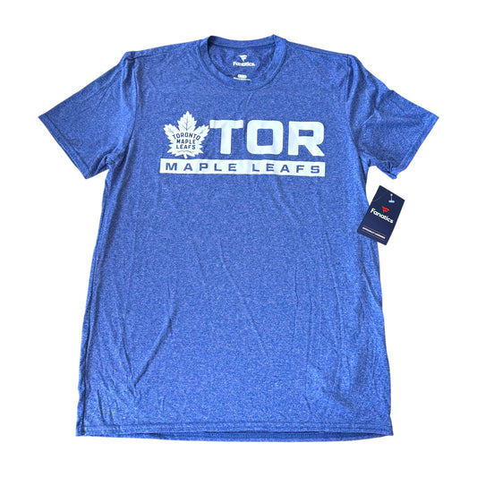 A heather blue short-sleeve T-shirt with a white 'TOR MAPLE LEAFS' graphic and maple leaf logo on the chest, shown flat on a white background with a retail hangtag attached.