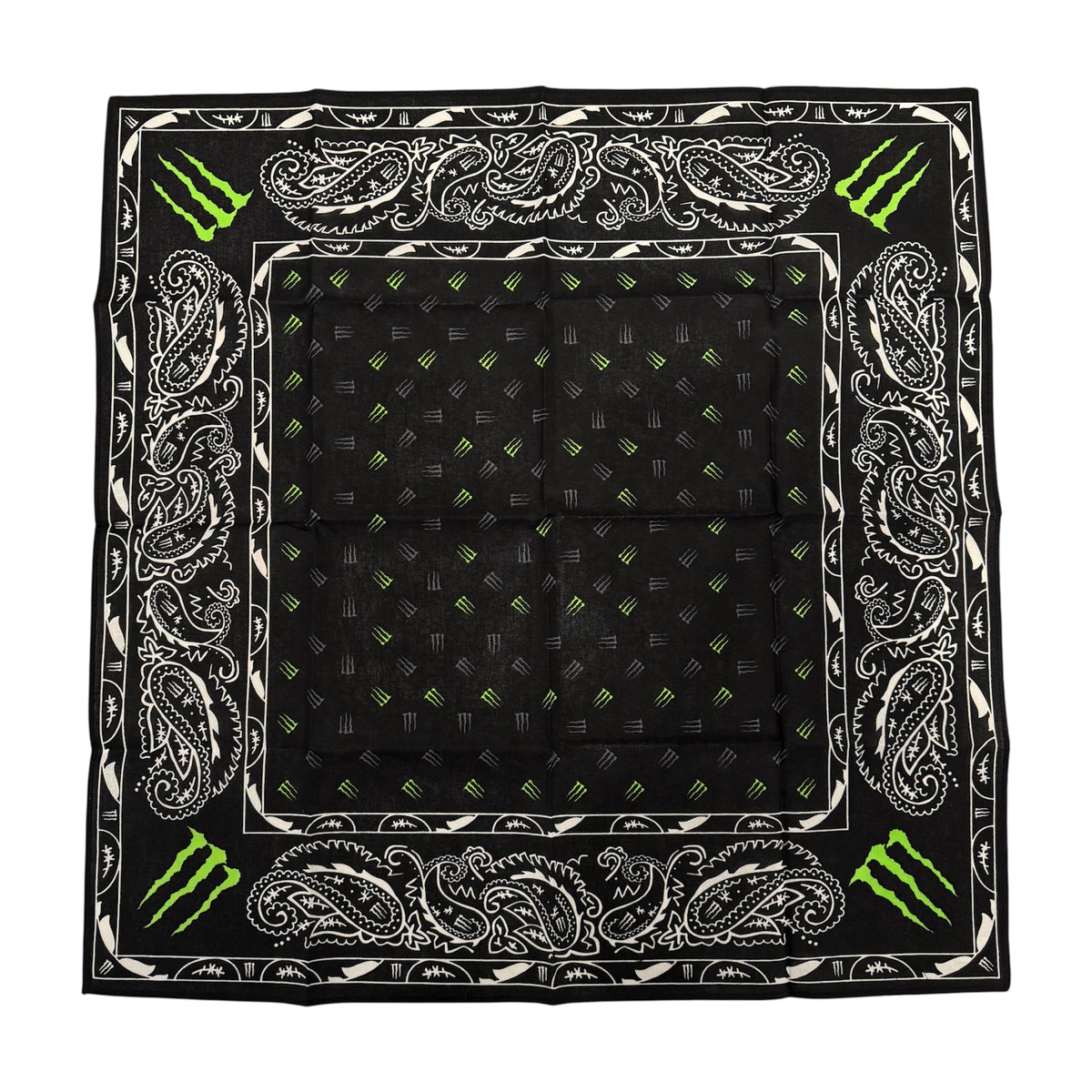 Black monster energy bandana with white paisley patterns and green monster energy logos