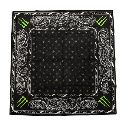 Black monster energy bandana with white paisley patterns and green monster energy logos