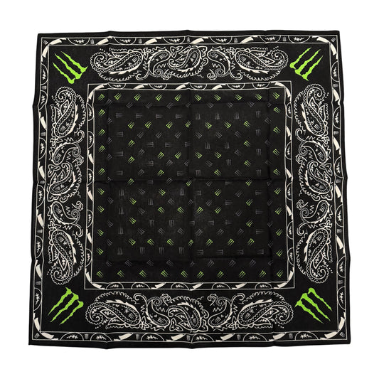 Black monster energy bandana with white paisley patterns and green monster energy logos