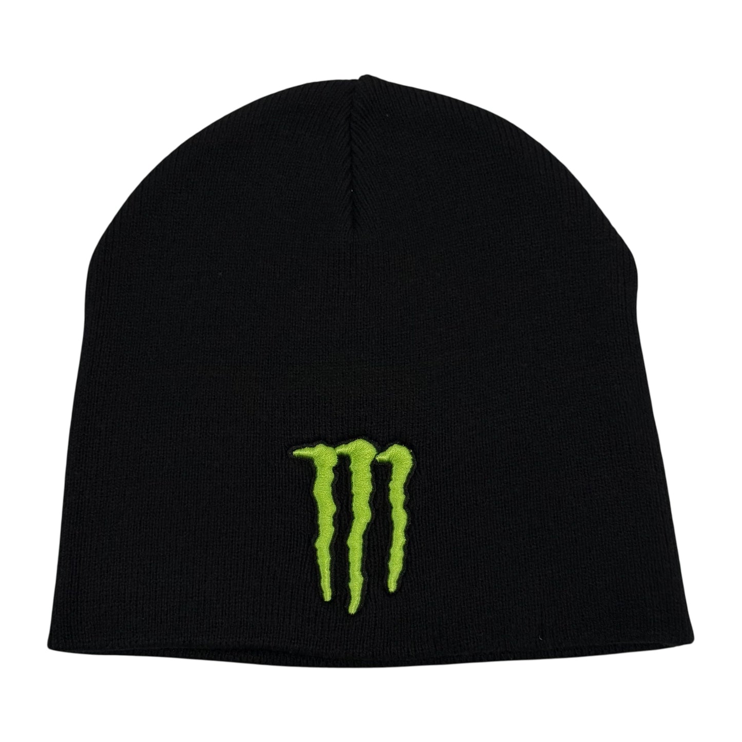 Black monster energy beanie toque with a green logo on a white background