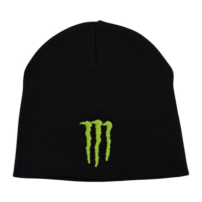 Black monster energy beanie toque with a green logo on a white background
