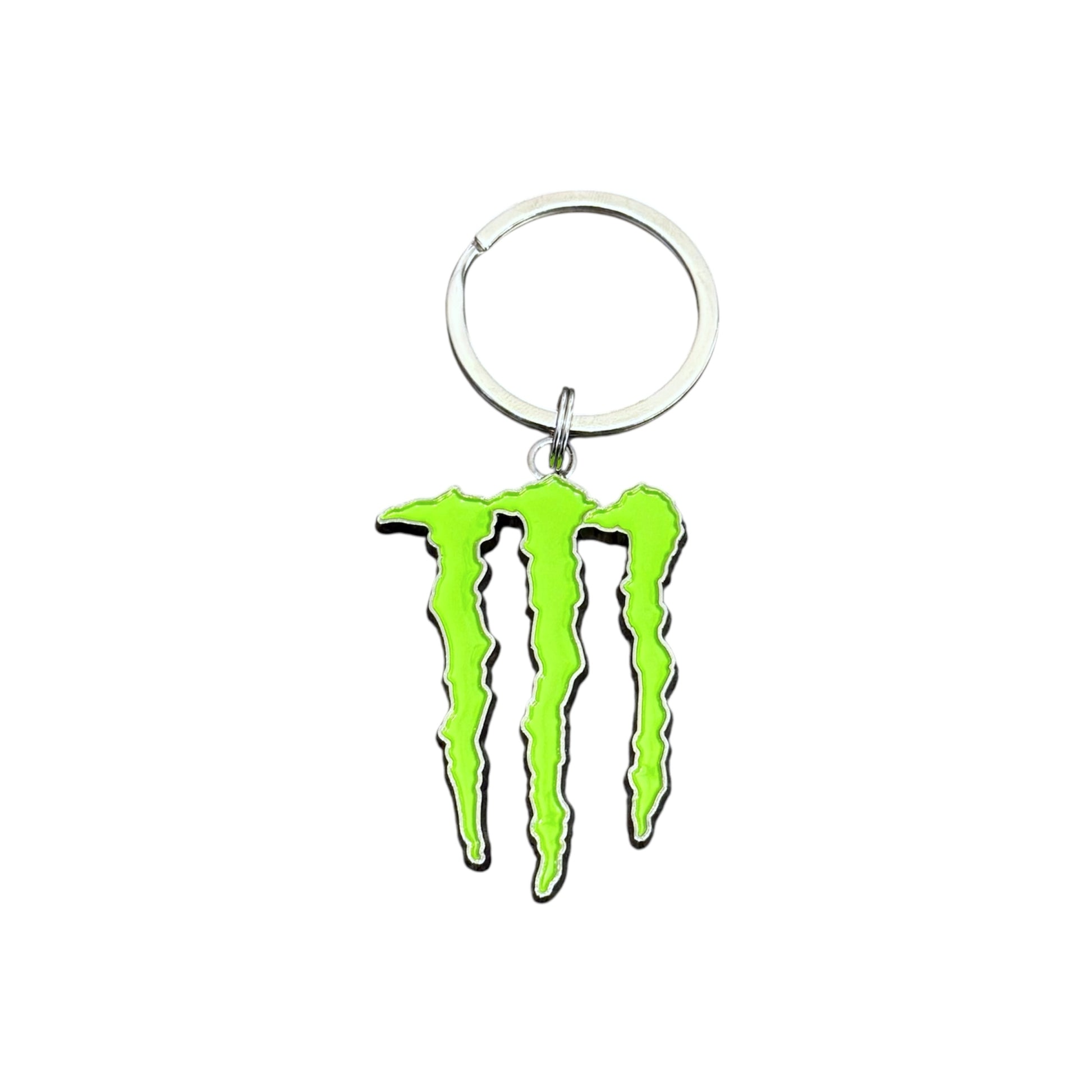 Metal Monster Energy drink keychain on a white background