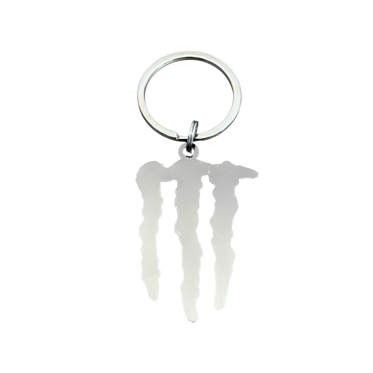 Metal monster energy keychain with a logo on a white background