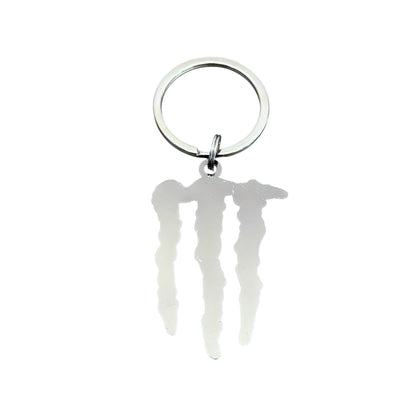 Metal monster energy keychain with a logo on a white background