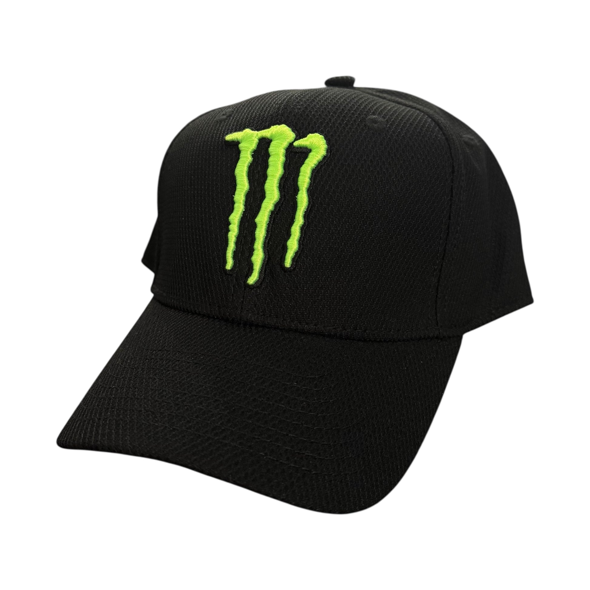 Black monster energy cap with green logo on a white background