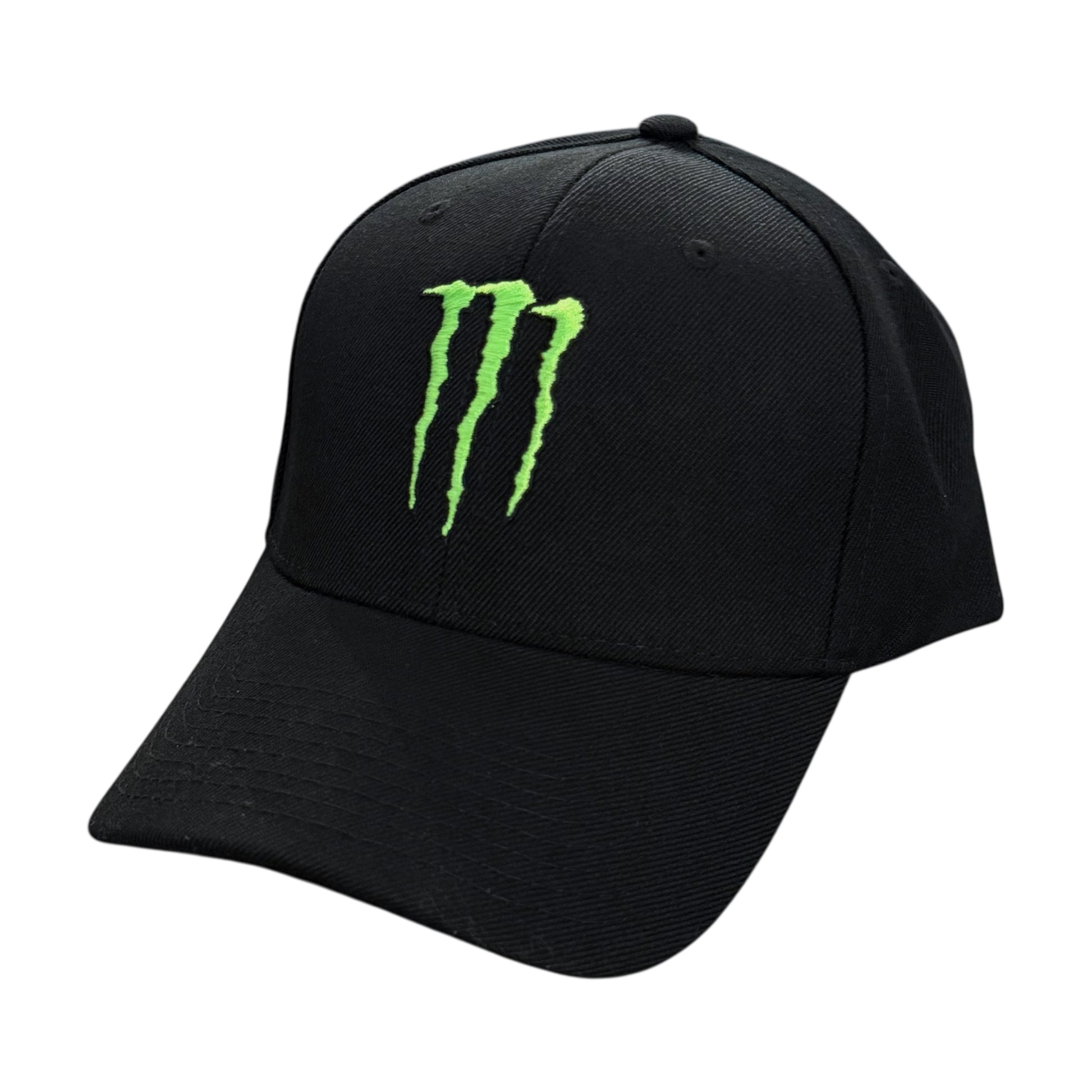 Black monster energy cap with green logo on a white background