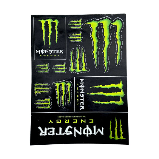 Monster Energy drink logo vinyl sticker sheets. green logos with text. sticker sheet shown on a white background