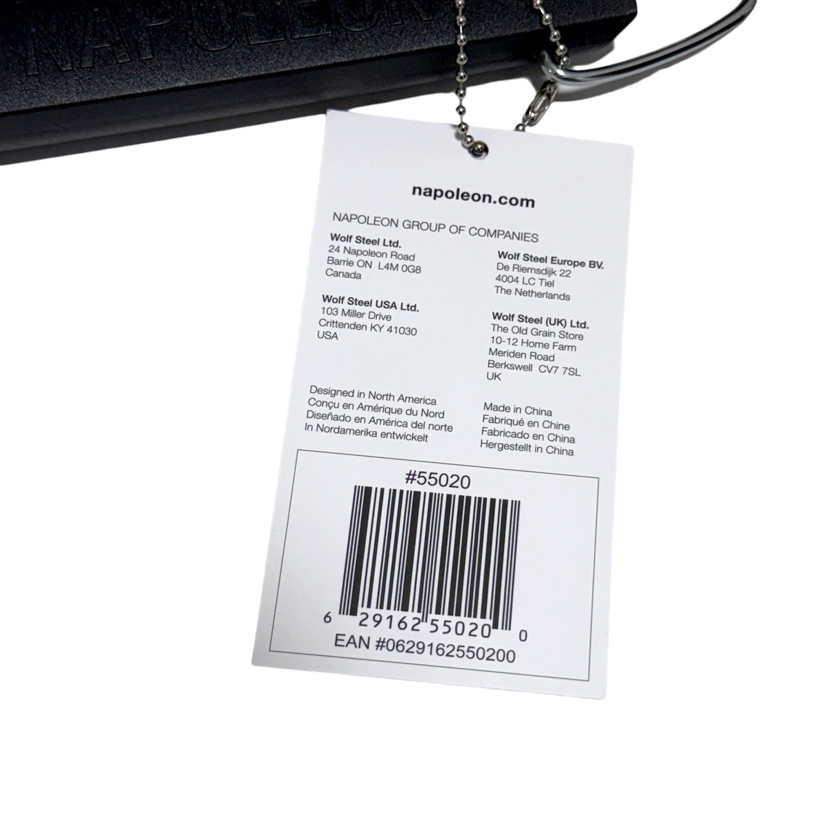 Napoleon BBQ spatula product tag showing model 55020 and UPC 629162550200