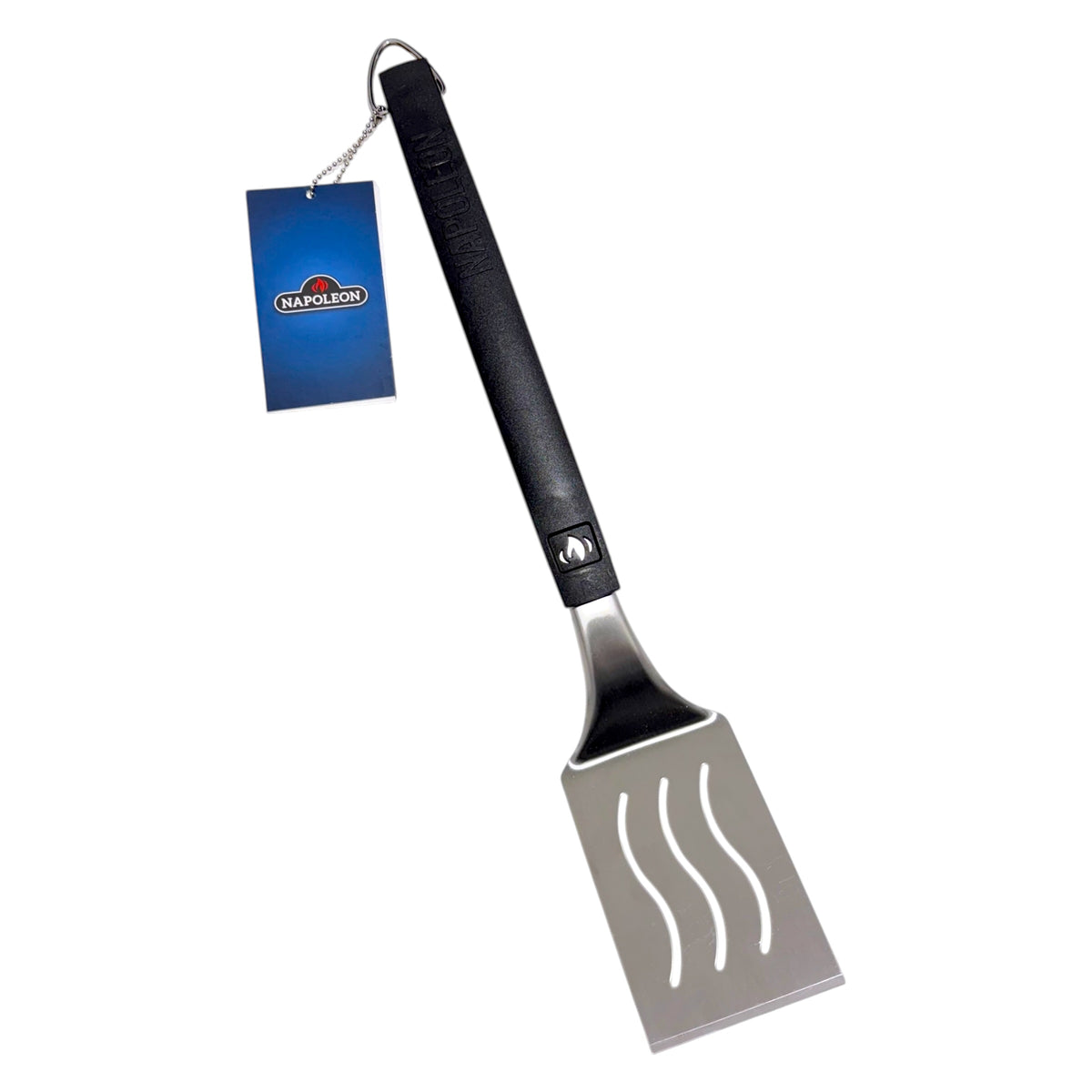 Napoleon 55020 stainless steel BBQ spatula with slotted blade, black handle and metal hanging loop