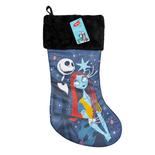 Disney The Nightmare Before Christmas stocking featuring Jack Skellington and Sally with a black plush cuff